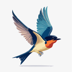 Vibrant vector illustration of a graceful swallow bird in flight, showcasing its distinctive blue wings and reddish throat against a clean, minimalist background, ideal for nature-themed designs
