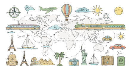 Travel Icons and Symbols Around World Map.
