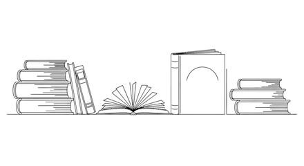 A minimalist line drawing depicts a bookshelf with several books, some stacked and others open, on a white background. © AgnaPutri
