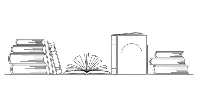 A minimalist line drawing depicts a bookshelf with several books, some stacked and others open, on a white background.