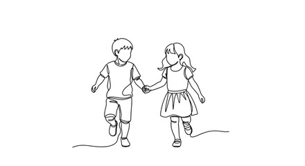 A simple line drawing depicts a young boy and girl holding hands while running together. © AgnaPutri
