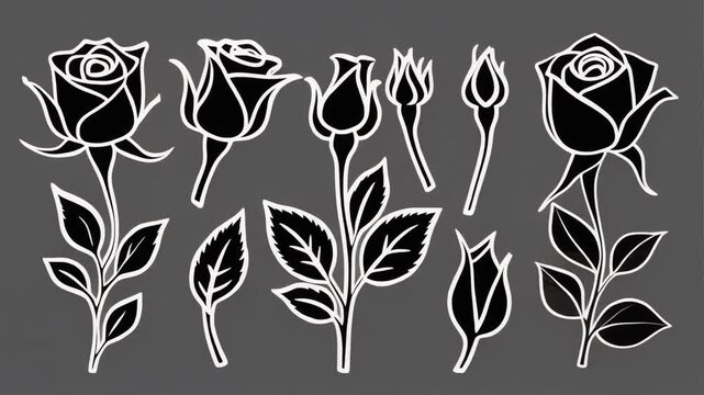 Black and white rose illustrations set.