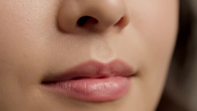 Close-up of a woman's face showing different angles of her eye, lips, and nose, with expressions including winking, smiling, and neutral; soft lighting, smooth skin, natural makeup.