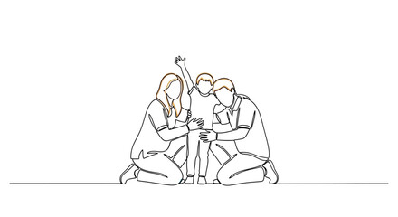 Obraz premium A minimalist line drawing depicts a loving family of three, with parents kneeling and embracing their child who is raising a hand in the air.