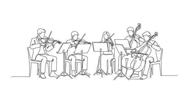 A minimalist line drawing depicts a string quartet playing music with their instruments.
