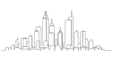 Fototapeta premium Continuous line drawing of a modern city skyline featuring various tall buildings and skyscrapers against a clean white background.