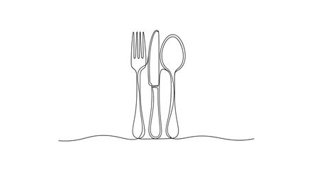 Continuous line drawing of a fork, knife, and spoon standing upright on a white background. © AgnaPutri