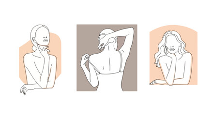 Minimalist line art illustrations of women in various poses with abstract pastel backgrounds.