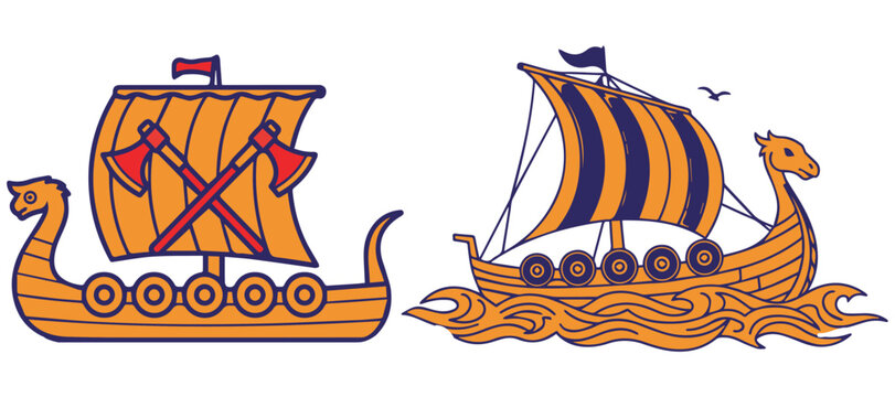 Orange and blue viking ships with striped sails vector design eps 10