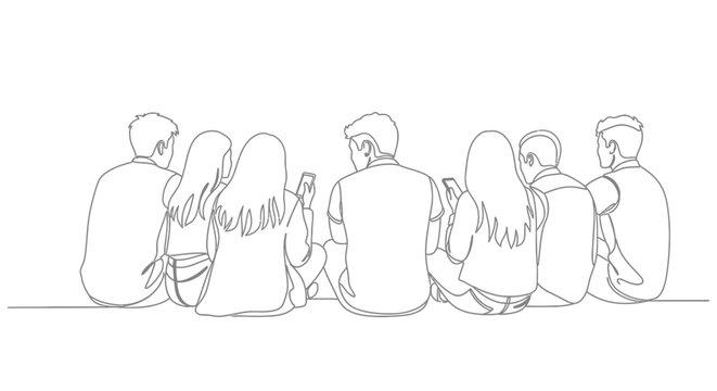 A continuous line drawing of a group of young people sitting together, looking at their phones from behind.