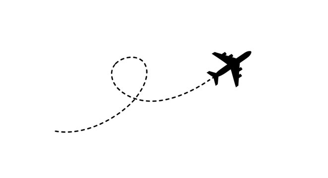 A black silhouette of an airplane flying with a dotted line path forming a loop on a white background, symbolizing travel and journey.