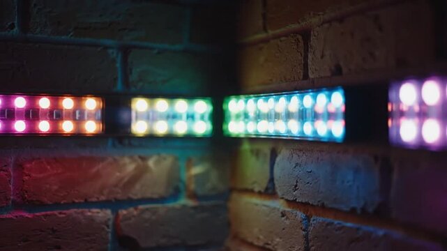 Colorful LED light strips installed on a brick wall corner with various hues illuminating the textured surface