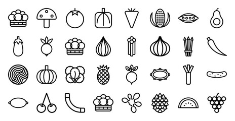 Fototapeta premium Fresh organic produce and healthy lifestyle food icons. Technical monoline pictograms of fruits and vegetables for grocery apps and nutritional guides.