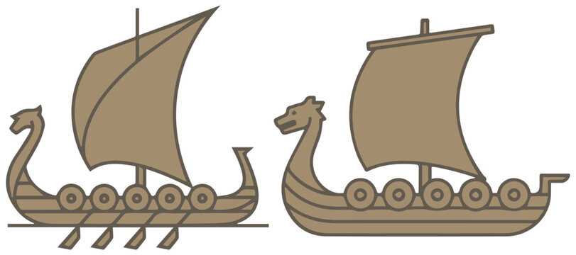 Pair of simple brown viking longboat illustrations with sails eps 10