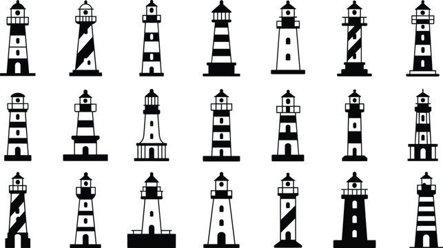 Silhouette illustration of lighthouse icons featuring diverse architectural styles, stripe patterns, and window placements for maritime, coastal, navigation, and nautical design themes