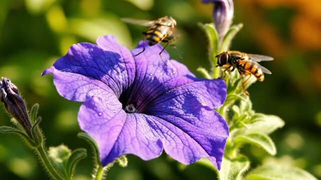 Close up view of several hoverflies gathering nectar from a vibrant purple petunia flower in a garden setting