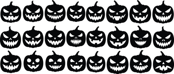 Set of twenty-four Halloween jack-o-lantern silhouettes with various spooky facial expressions, perfect for creepy holiday decor, party invitations, and seasonal graphic design.