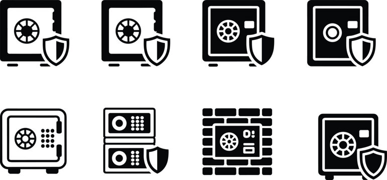 Silhouette illustration of safe and vault icons featuring shields, combination dials, keypad locks, and wall-mounted units for security, finance, and protection design themes