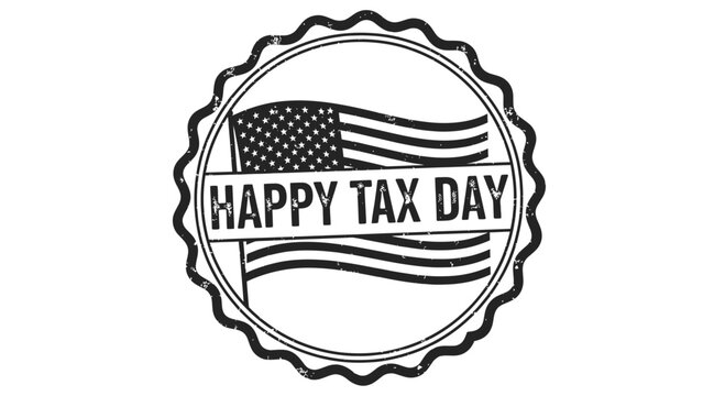 A black and white stamp with an american flag and the words happy tax day
