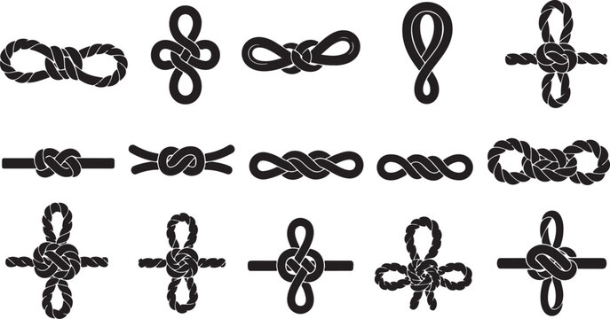 Various knots and rope ties on a white background