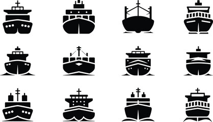 Silhouette illustration of ship icons viewed from the front including cargo vessels, cruise liners, and maritime boats with waves and deck structures for nautical design themes © Sharon 