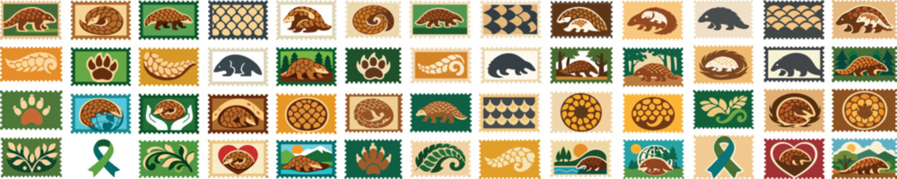 World Pangolin Day Stamp Icon Set Endangered Wildlife Conservation Badge Collection