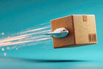 Fast flying 3D cardboard box airplane with glowing speed trails for express delivery air freight and global e-commerce shipping logistics, fast delivery 