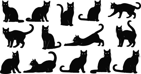 Set of black cat vector silhouettes featuring domestic felines in various poses including sitting, walking, stretching, and standing animal icons. © Shahariay