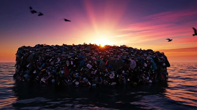Ocean Plastic Waste Island Sunset Environmental Crisis Concept