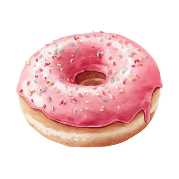 Watercolor vector illustration of Donut, isolated on white background.