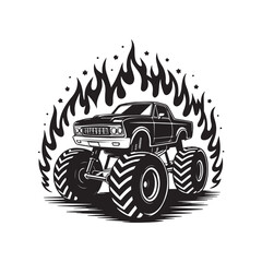 Monster truck with oversized tires and flames roaring behind dynamic black and white illustration with dramatic shadows bold design style © creative_vectors