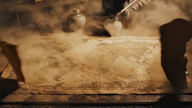 Antique World Map Unfolds With Vintage Writing Tools And Smoke