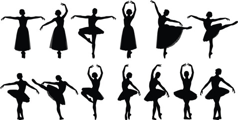 Ballet dancer silhouettes, classical ballet poses, tutu costume, graceful movement, arabesque position, pirouette stance, elegant posture, dance art, ballerina illustration, choreography design © Md