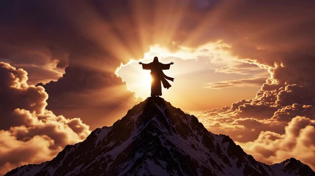 silhouette of jesus christ standing on mountain peak with open arms against dramatic sunrise sky with sun rays. resurrection and ascension concept. easter holiday. worship video, religious background.