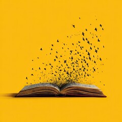 Creative surreal concept of an open book with pages transforming into flying birds on a solid yellow background for imagination and storytelling