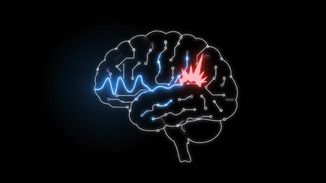 Sequence of neon-style brain illustrations shows neural activity increasing, culminating in a brain explosion of red and purple sparks indicating intense activity or pain.