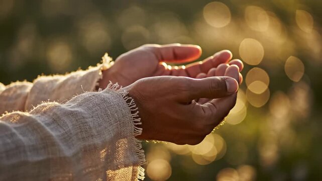 close up of man hands open in prayer gesture with golden sunlight. jesus christ praying in garden. easter resurrection concept. faith, hope, spiritual worship, asking for blessing, mercy.
