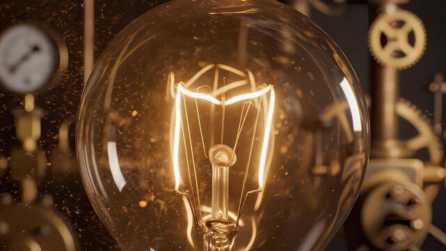 Vintage Light Bulb Ignites With Sparks And Gears Spinning