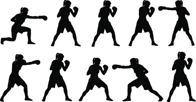Set of female boxer vector silhouettes featuring women in boxing stances, punching, sparring, and athletic combat poses for sports designs.