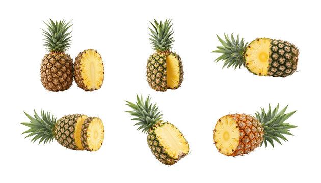 Fresh pineapple set with whole and sliced pieces isolated on transparent background