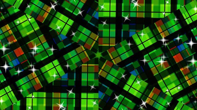 Abstract Green Plaid Pattern with Sparkling Stars Background.