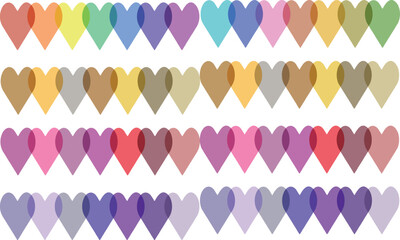 Multiple rows of colorful overlapping heart shapes creating a decorative pattern against a bright white surface