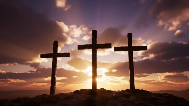three wooden crosses silhouette on hill against dramatic sky with sun beams. crucifixion of jesus christ. good friday and easter concept. religious background, worship, faith, redemption.