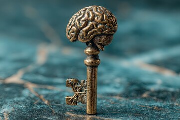 Brain shaped key unlocking the mind concept, mental health, psychology symbol, intelligence metaphor, geometric lines, light leaks, overlay