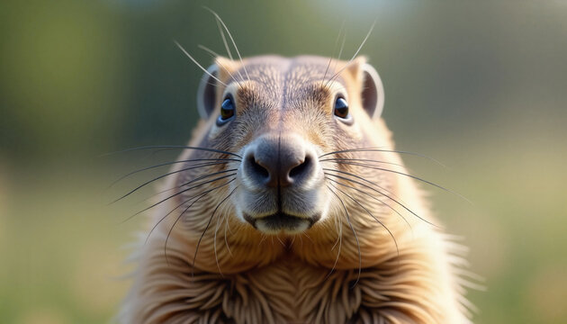 Groundhog's face looking expectantly on a blurred background