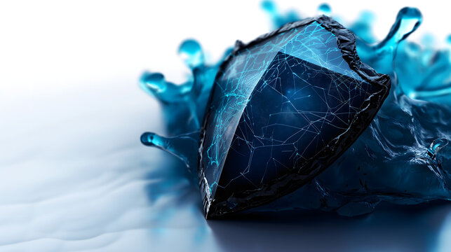Advanced 3D Digital Security Shield with Blue Energy Splash &ndash; Enterprise Cybersecurity, Data Protection and Cloud Defense Concept
