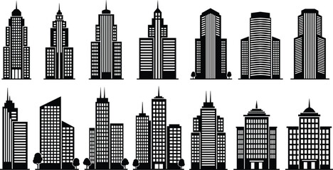 Set of modern skyscraper vector silhouettes featuring city buildings, high rise office towers, urban architecture, and downtown apartment block icons. © Shahariay