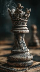 Antique Wooden Chess Queen Piece on Vintage Board with Ethereal Smoke and Cinematic Lighting