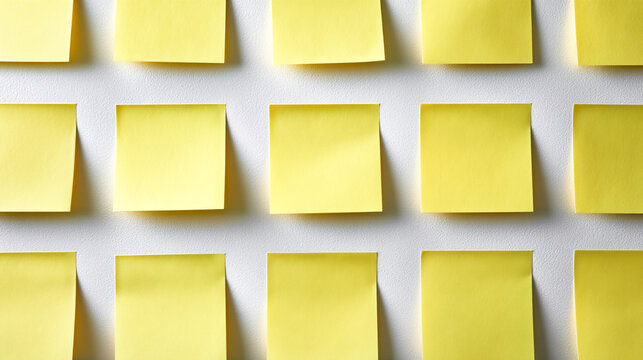 A wall covered with blank yellow sticky notes in rows on a white surface