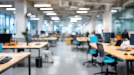 Obraz premium Blurred modern open plan office interior with empty desks and computers